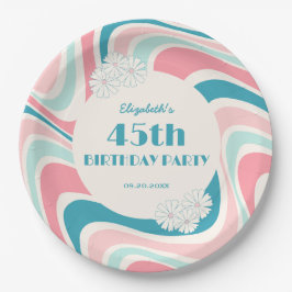 Retro Wave Bloem Roze Groen Verjaardag Papieren Bordje