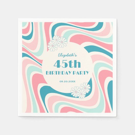 Retro Wave Bloem Roze Groen Verjaardag Servet (Voorkant)