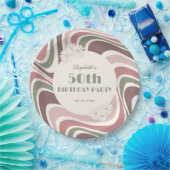 Retro Wave Bloem Sage Bruin Perzik Verjaardag Papieren Bordje (Feest)