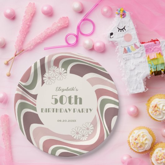 Retro Wave Bloem Sage Bruin Perzik Verjaardag Papieren Bordje (Feest)