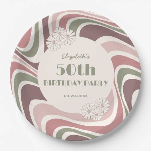 Retro Wave Bloem Sage Bruin Perzik Verjaardag Papieren Bordje (Voorkant)