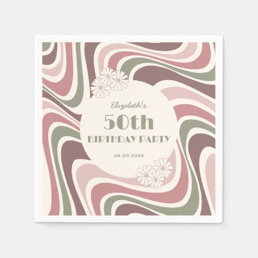 Retro Wave Bloem Sage Bruin Perzik Verjaardag Servet (Voorkant)