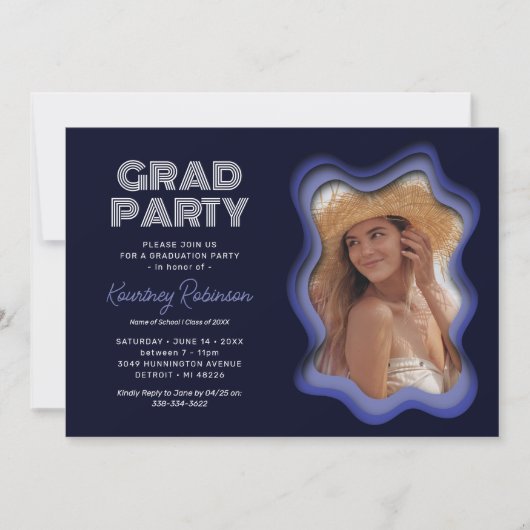 Retro Wave Blue Paars Photo Graduparty Kaart (Voorkant)