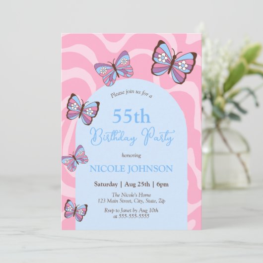 Retro Wave Butterfly Roze Blauw Verjaardag Kaart (Staand voorkant)