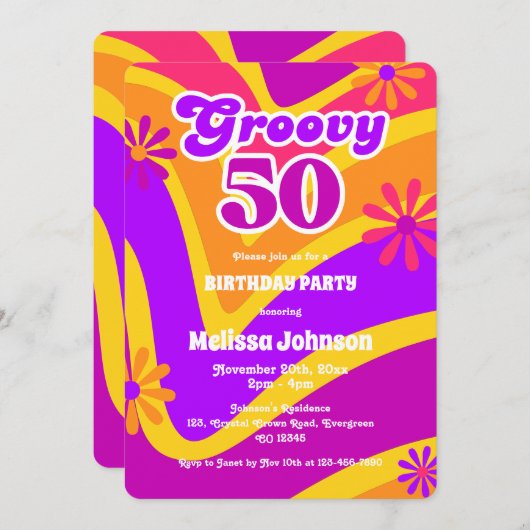 Retro Wave Daisies Groovy 50e Oranje verjaardag Kaart (Voorkant / Achterkant)