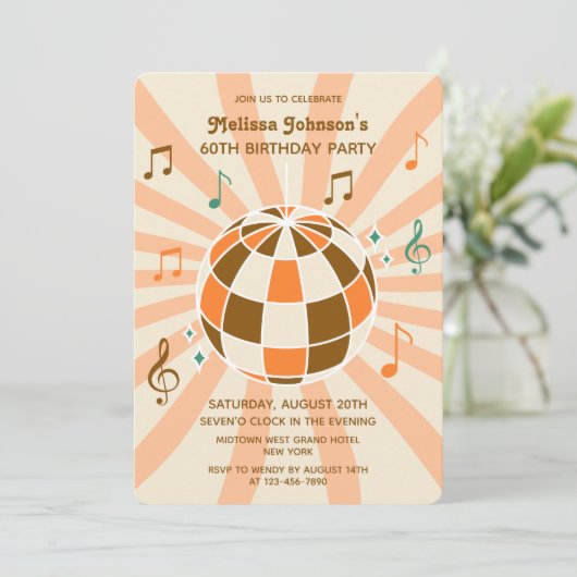 Retro Wave Disco Ball Musical Sinaasappel Verjaard Kaart (Staand voorkant)