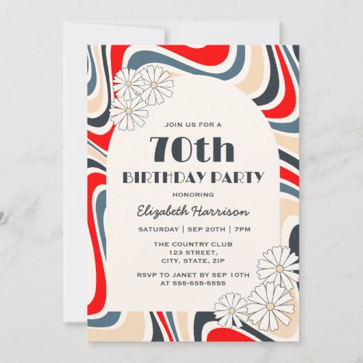 Retro Wave Flower Arch Grijs Rood Verjaardag Kaart (Voorkant)