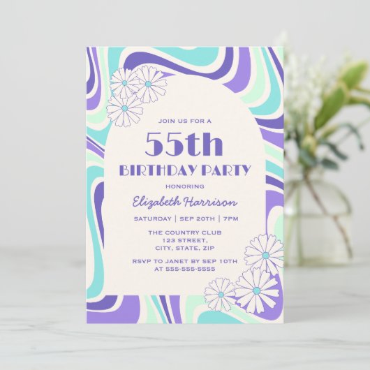 Retro Wave Flower Arch Mint Blauw Verjaardag Kaart (Staand voorkant)