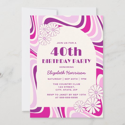 Retro Wave Flower Arch Paarse Roze Verjaardag Kaart (Voorkant)