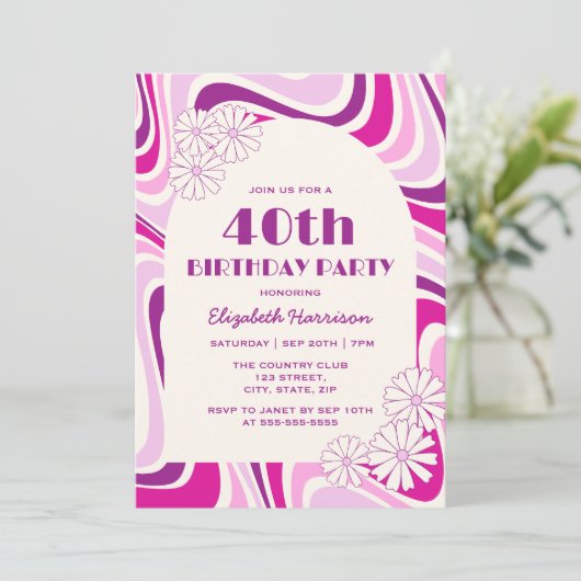 Retro Wave Flower Arch Paarse Roze Verjaardag Kaart (Staand voorkant)