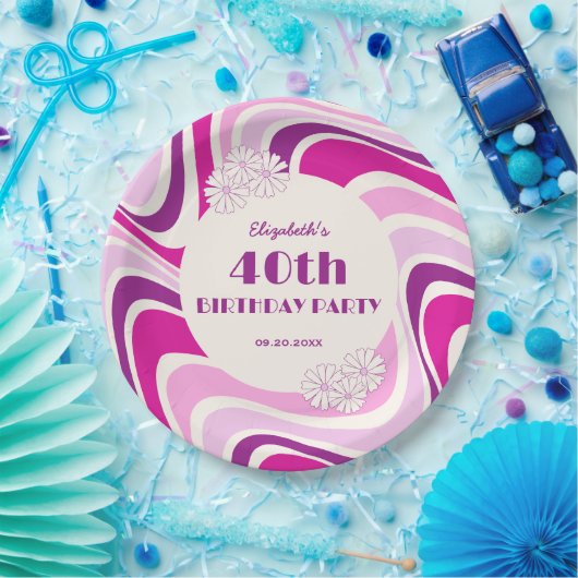 Retro Wave Flower Paarse Roze Verjaardag Papieren Bordje (Feest)