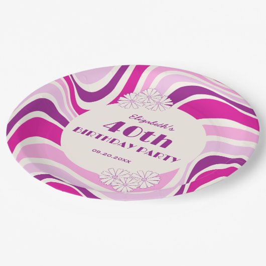 Retro Wave Flower Paarse Roze Verjaardag Papieren Bordje (Gekanteld)
