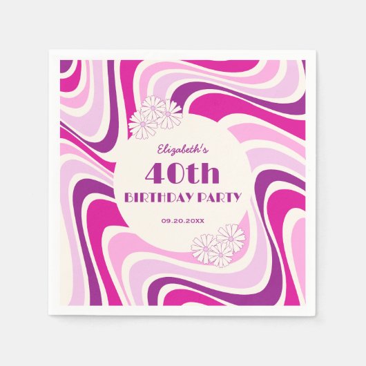Retro Wave Flower Paarse Roze Verjaardag Servet (Voorkant)