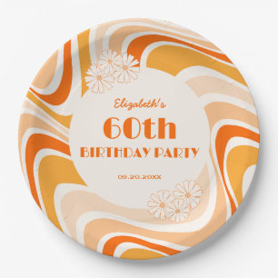 Retro Wave Flower Sinaasappel Peach Verjaardag Papieren Bordje