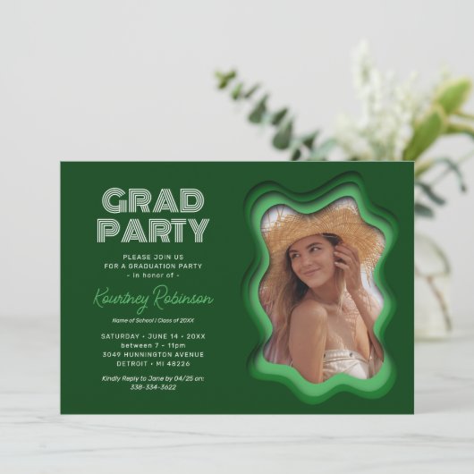 Retro Wave Green Photo Graduparty Kaart (Staand voorkant)