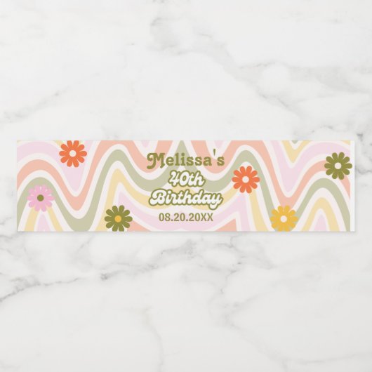 Retro Wave Groovy Flower Green 40e verjaardag Waterfles Etiket (Enkel label)