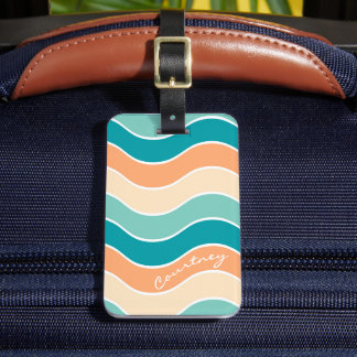 Retro Wave Groovy Teal Oranje Crème Gepersonalisee Bagagelabel