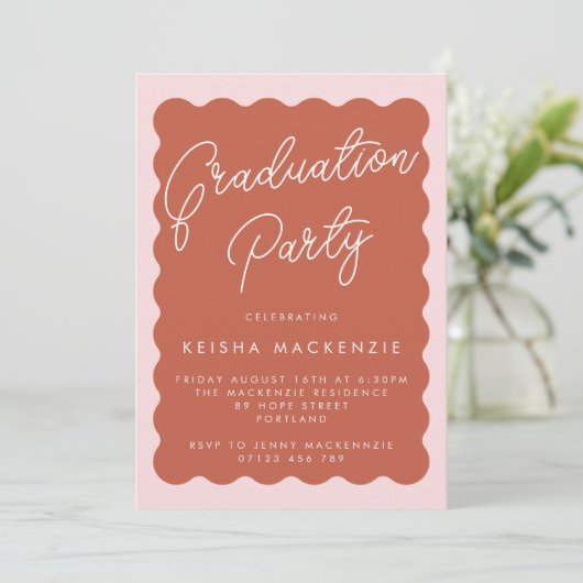 Retro Wave Terracotta & Blush Graduation Party Inv Kaart (Staand voorkant)