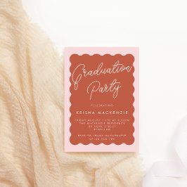 Retro Wave Terracotta & Blush Graduation Party Inv Kaart