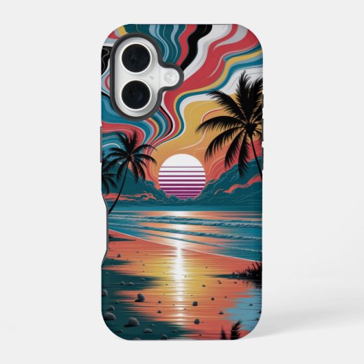 Retro Wave Zonsondergang iPhone 16 Hoesje (Achterkant)