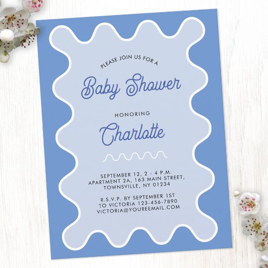 Retro Wavy Blue Curve Baby shower Invitation Briefkaart