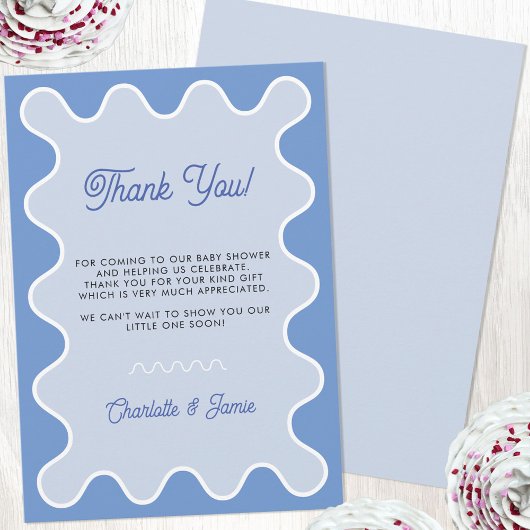 Retro Wavy Blue Curve Border Baby shower Bedankkaart
