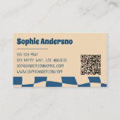 Retro Wavy Checkerboard Funky Blue Beige Visitekaartje (Achterkant)