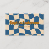 Retro Wavy Checkerboard Funky Blue Beige Visitekaartje (Voorkant)