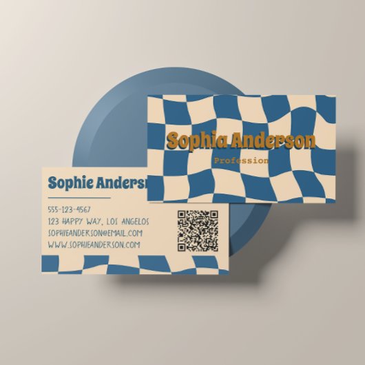 Retro Wavy Checkerboard Funky Blue Beige Visitekaartje