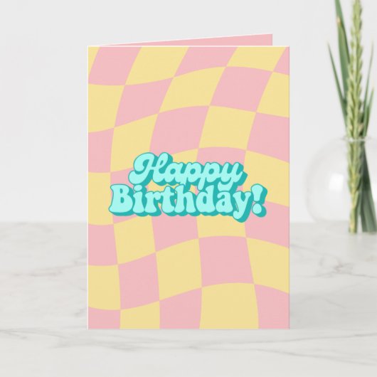 Retro Wavy Checkered Happy Birthday Kaart (Voorkant)