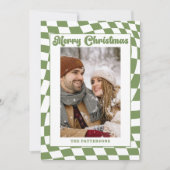Retro Wavy Checkered Sage Green Photo Christmas Feestdagenkaart (Voorkant)