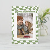 Retro Wavy Checkered Sage Green Photo Christmas Feestdagenkaart (Staand voorkant)