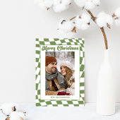 Retro Wavy Checkered Sage Green Photo Christmas Feestdagenkaart