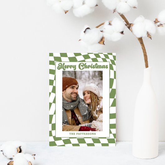 Retro Wavy Checkered Sage Green Photo Christmas Feestdagenkaart