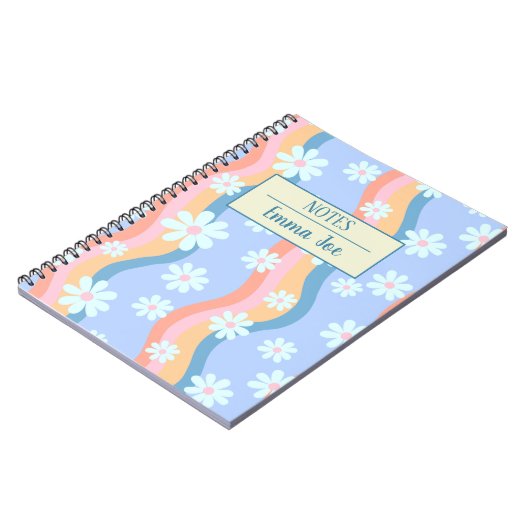 Retro Wavy Daisy Flowers Gepersonaliseerd met Naam Notitieboek (Linkerzijde)