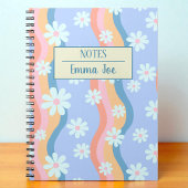 Retro Wavy Daisy Flowers Gepersonaliseerd met Naam Notitieboek