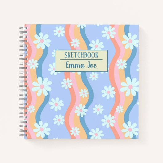 Retro Wavy Daisy Flowers Gepersonaliseerd Schetsbo Notitieboek (Voorkant)