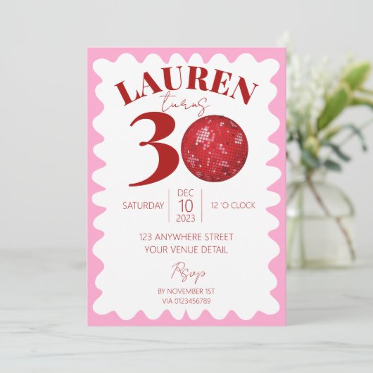 Retro Wavy Disco 30e verjaardagsfeestuitnodigingen Kaart (Staand voorkant)