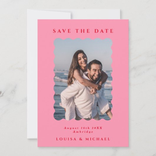 Retro Wavy Foto & QR Code Roze & Rood Weddenschap Save The Date (Voorkant)