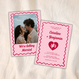 Retro Wavy Frame Red Pink Cupid Heart Wedding Kaart