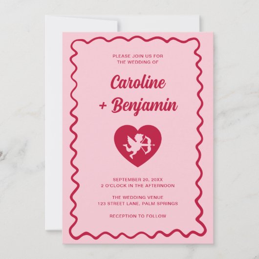 Retro Wavy Frame Red Pink Cupid Heart Wedding Kaart (Voorkant)