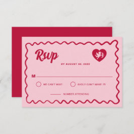 Retro Wavy Frame Red Pink Cupid Heart Wedding RSVP Kaartje