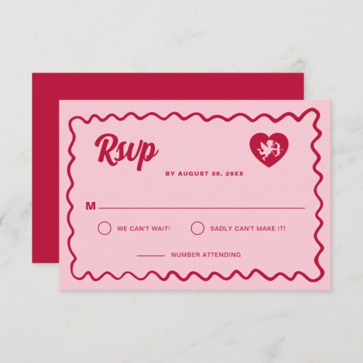 Retro Wavy Frame Red Pink Cupid Heart Wedding RSVP Kaartje (Voorkant / Achterkant)