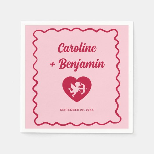 Retro Wavy Frame Red Pink Cupid Heart Wedding Servet (Voorkant)