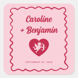Retro Wavy Frame Red Pink Cupid Heart Wedding Vierkante Sticker