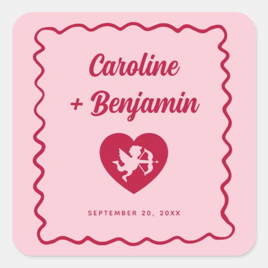 Retro Wavy Frame Red Pink Cupid Heart Wedding Vierkante Sticker (Voorkant)