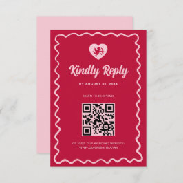 Retro Wavy Frame Red Pink Cupid Wedding QR Code RSVP Kaartje