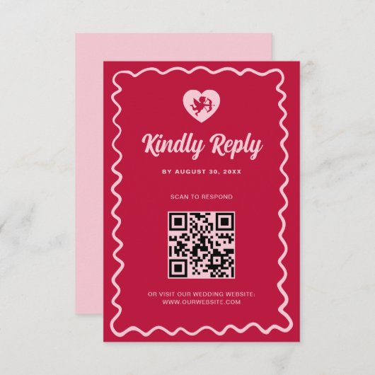 Retro Wavy Frame Red Pink Cupid Wedding QR Code RSVP Kaartje (Voorkant / Achterkant)