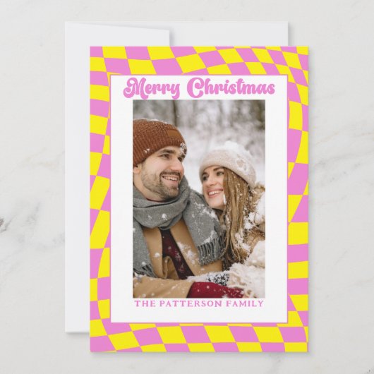 Retro Wavy Geruit Roze Geel Foto Kerstmis Feestdagenkaart (Voorkant)