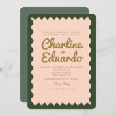 Retro Wavy Groovy Groen Roze Bruiloft Kaart (Voorkant / Achterkant)